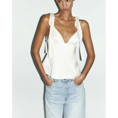Summer New Women's Simple Style V-neck Sleeveless  Knot Decorated Silk Satin Feel Strap Top Original Design Slim Fit