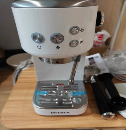 220V Petrus Coffee Machine Compact Espresso Maker with Milk Frother for Home Use DB