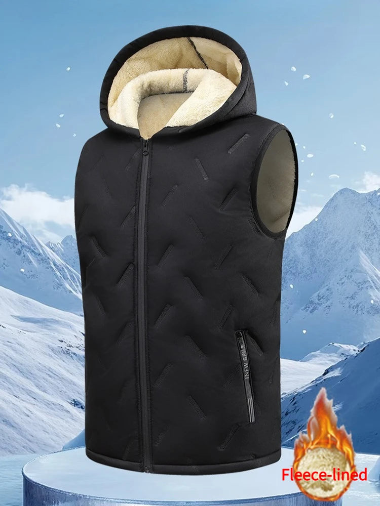 European size Men's Hooded Vest Thermal Padded Winter Jacket Fleece Lined Waistcoat Autumn Warm Quilted Jacket Puffer Vest