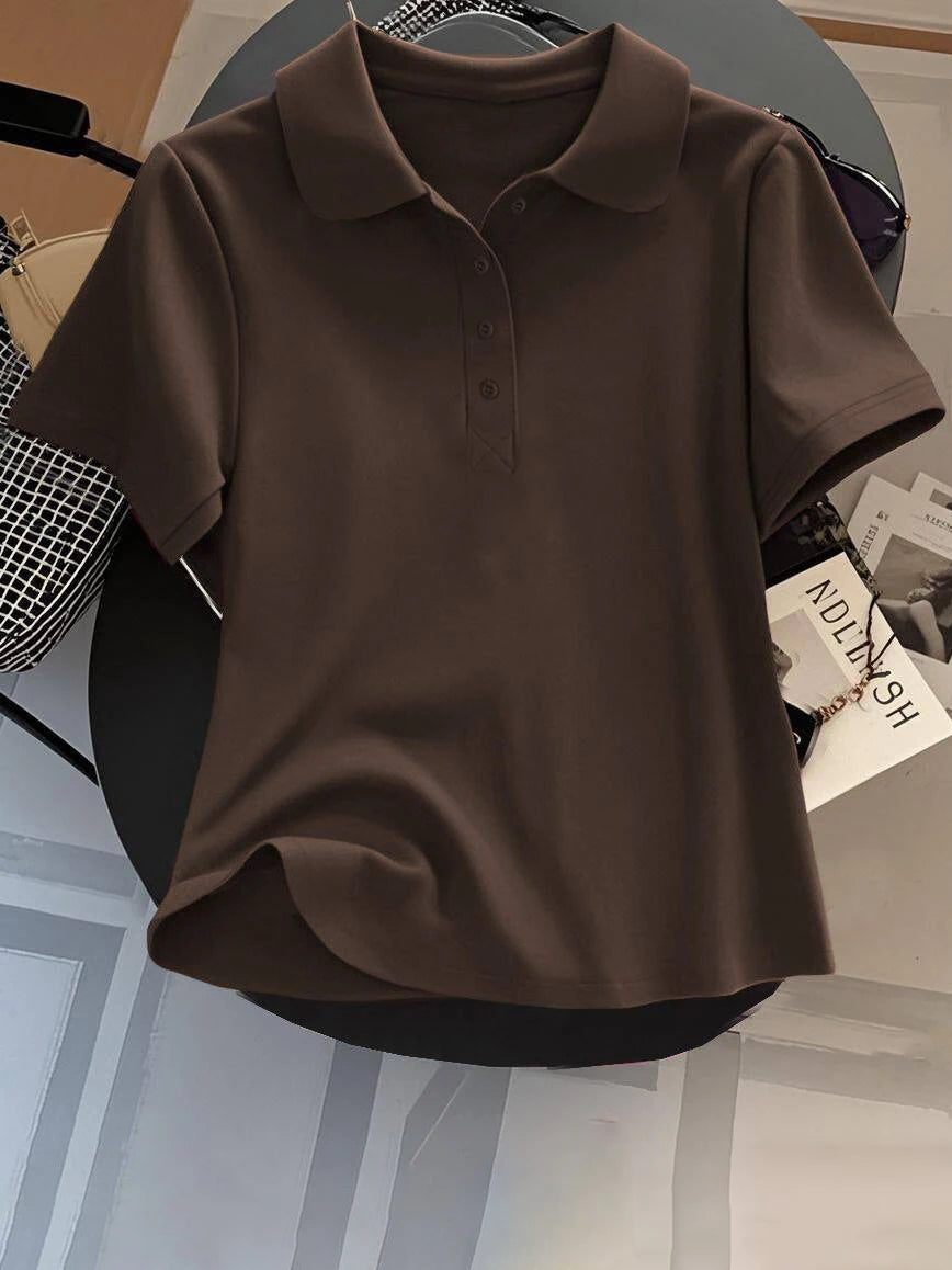 Loose Fit Women's  Neck Short Sleeve Cotton T-Shirt Casual Button up Top Korean Style Summer Fashion Ladies' Shirt