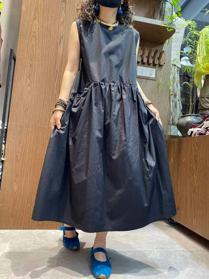 Minimalist Style Pleated Sleeveless Dress Women Black Waist-cinching Casual Long Dress Black XY335