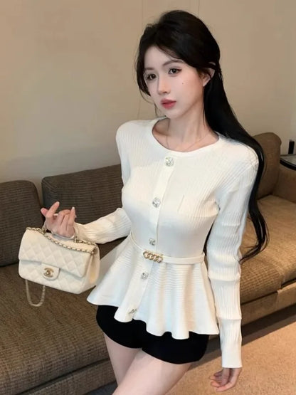 Elegant Single-Button Knitted Sweater Women Early Autumn New High-End Pleated Waist-Cinching Slimming Top French Style