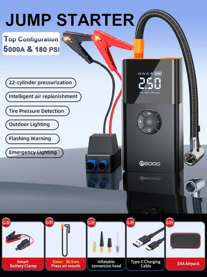 5000a 180 Psi Car Jump Starter Compressor Battery Portable Power Bank Tire Capacitor Booster 12v Emergency Jumper With Air Pump