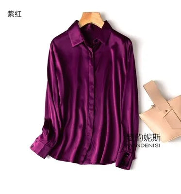 Luxury Satin silk shirt women's long sleeve 93% mulberry silk shirt commuter office lady style for Spring/Summer