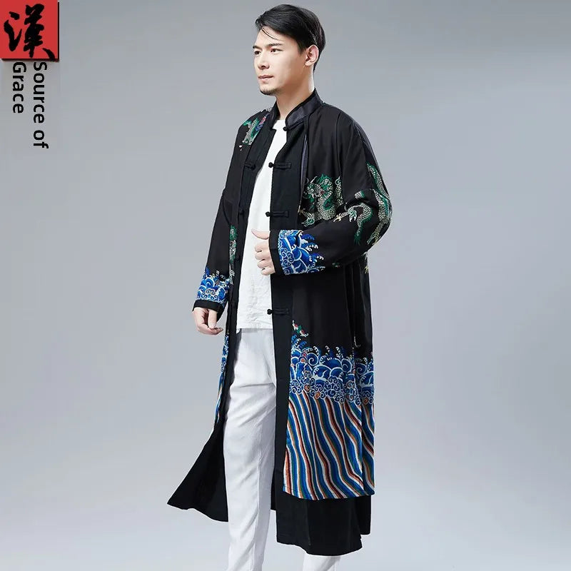 Retro Chinese Sle Youth Men's Long irt Fake Two-Piece Silk Printed Cotton Linen Hanfu Tang Costume Robe Summer Casual Wear