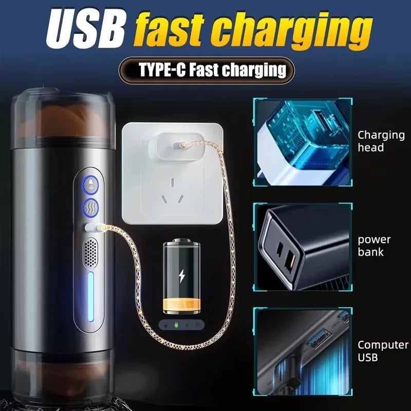 New Automatic Male Realistic Double Penetration Channel Vibration Deep Throat Vagina Heating Voice Pocket Cat Adult Sex Toy