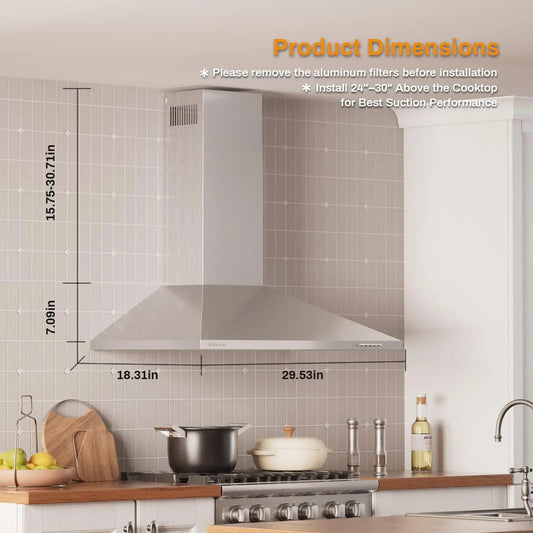Range Hood 30 inch 450 CFM Wall Mount Vent Hood with Carbon Filter Bundle