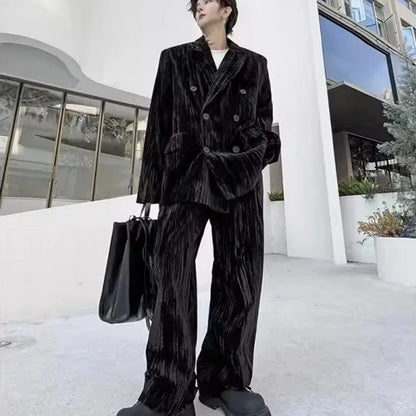 Mens Loose Fit Velvet Suit Set Red Double Breasted Blazer Jacket Pants Two Piece Set Spring New Banquet Party Suits Matching Set