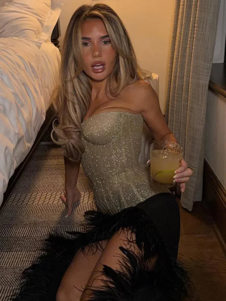 Women Sequins Silk Fishbone Slim Corset Sexy Strapless Backless Tank Fashion Short Tops 2026 New Spring Party Daily Outdoor Wear