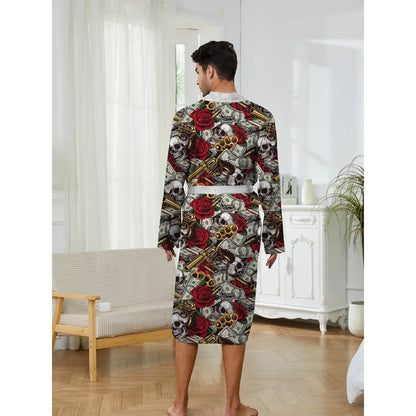 Men Robe 2025 Autumn Men's Trendy Casual Skull Head Rose US Dollar Bill Printing Pattern Home Casual Comfortable Nightgown