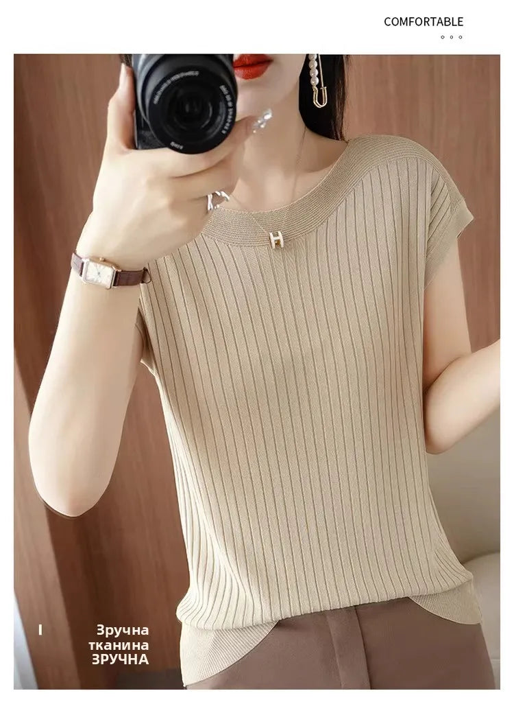 Ice Silk Knitted Top Women Loose Spring Summer New Style Thin Short Sleeve One Shoulder T-Shirt Breathable Comfortable Casual...