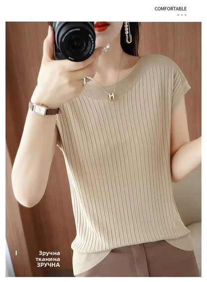 Ice Silk Knitted Top Women Loose Spring Summer New Style Thin Short Sleeve One Shoulder T-Shirt Breathable Comfortable Casual...