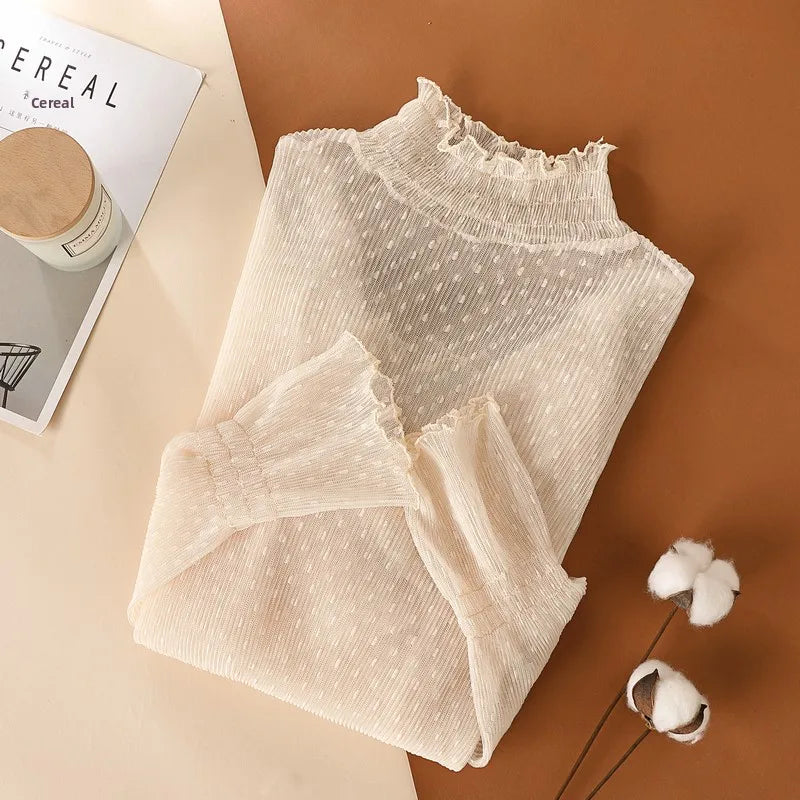 Elegant High Collar Lace Base Shirt Women's Long Sleeve Autumn Winter Fashion Inner Wear Polka Dot Mesh Top Straight Cut Holl...