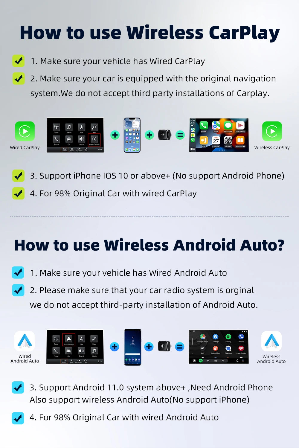 KEBIDUMEI Wired to Wireless Carplay Mini Car AI Box Adapter 5.0GHz WiFi Android Auto Bluetooth 5.2 Smart Dongle Car Accessories