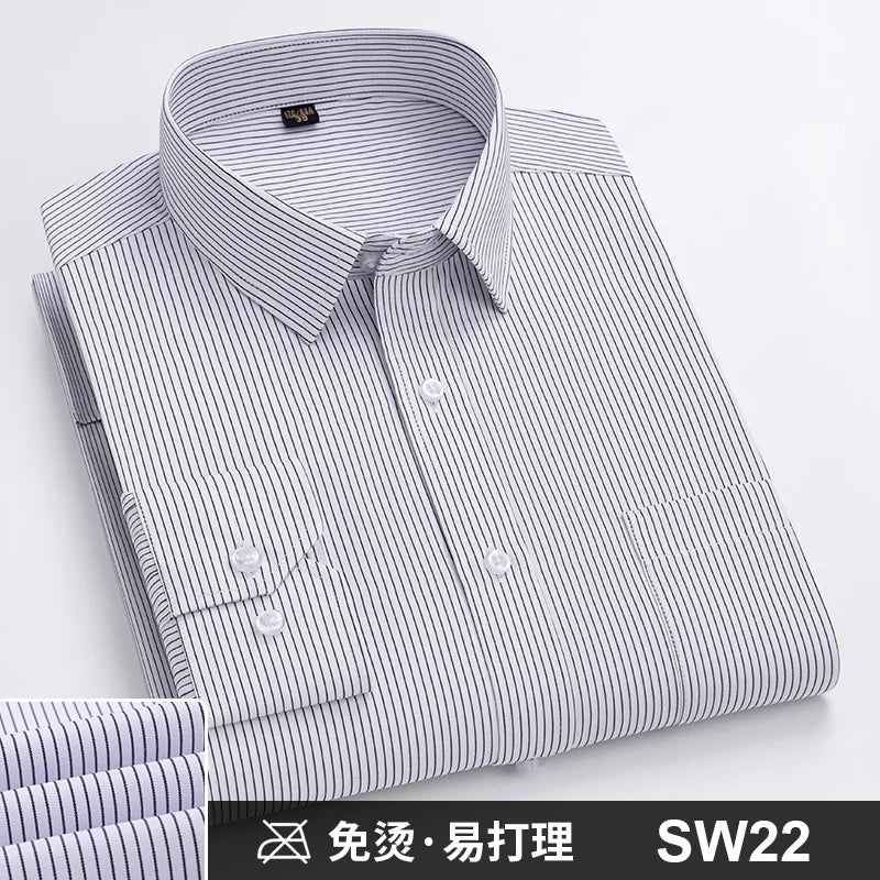 Men's Formal Shirt Long Sleeve S~8XL Oversized Office Solid Color Striped Anti-wrinkle Non-ironing Fashion Business White Shirts