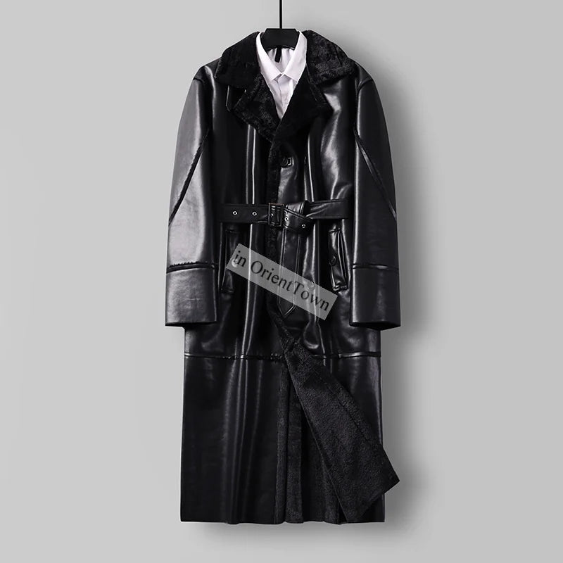 Large Loose Fur 1 Piece Leather Long Jacket For Men Over The Knee Warm Windbreaker For Man Winter Trench Coat  in OrientTown 027