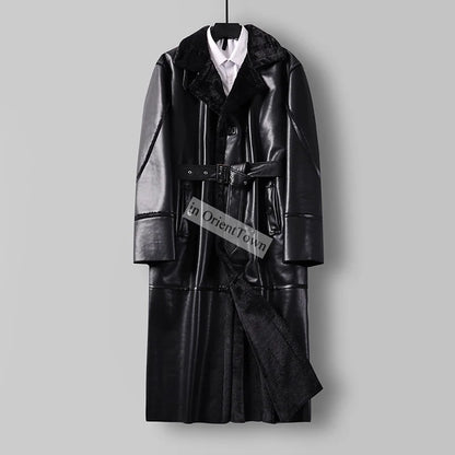 Large Loose Fur 1 Piece Leather Long Jacket For Men Over The Knee Warm Windbreaker For Man Winter Trench Coat  in OrientTown 027