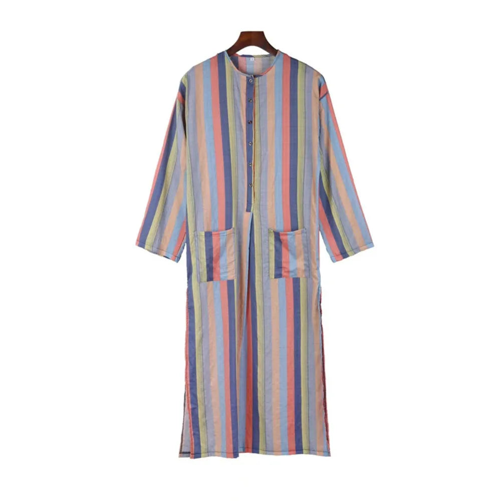 Men's Striped Print Arabic Thobe - Long Sleeve One Piece Islamic Robe,Middle Eastern Traditional Muslim Wear with Ethnic Pattern