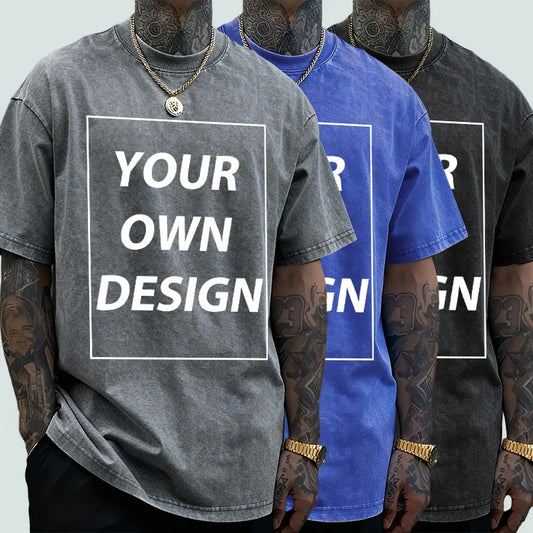 Personalized Custom Your Photo T Shirt Mens Summer Cotton Washed T-Shirt Breathable Fashion Short Sleeve Street Casual Retro Top