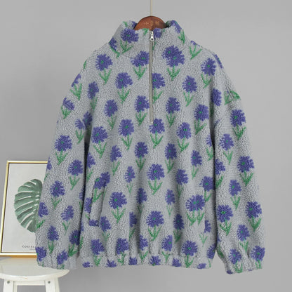 Women's Autumn Winter New Fleece Jacquard Sweatshirt Half Zip Loose Hoodies High Neck Sweatshirt