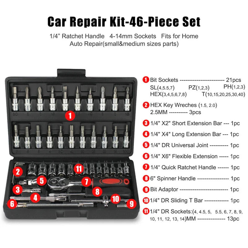 46Pcs Car Repair Tool Kit 1/4-Inch Socket Set Car Repair Tool Ratchet Torque Wrench Combo Auto Repairing Set Mechanic Tool
