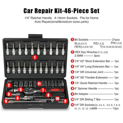 46Pcs Car Repair Tool Kit 1/4-Inch Socket Set Car Repair Tool Ratchet Torque Wrench Combo Auto Repairing Set Mechanic Tool