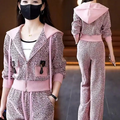 Brand Women's Autumn Sweater Jacket Wide Leg Pants Two-Piece Set Korean Style Loose Fit Long Sleeve Zipper Closure Fashion En...