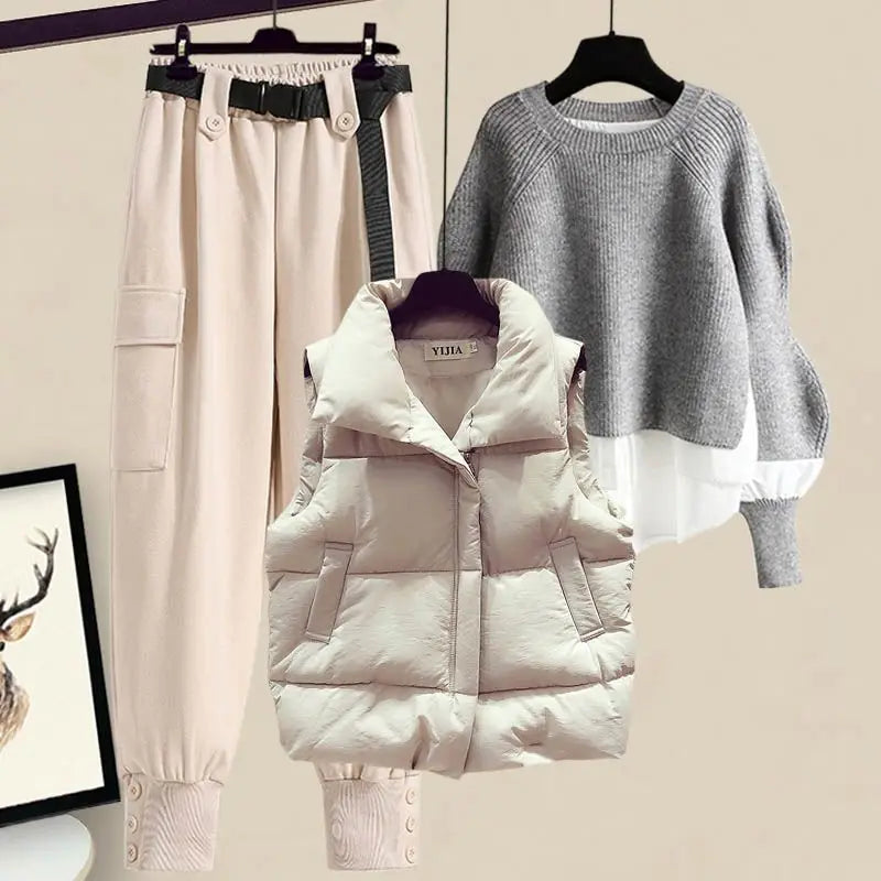 plus Size Autumn Professional Knitted Three Piece Set Slimming Cotton Vest Sweater Workwear Pants for Women Casual Style