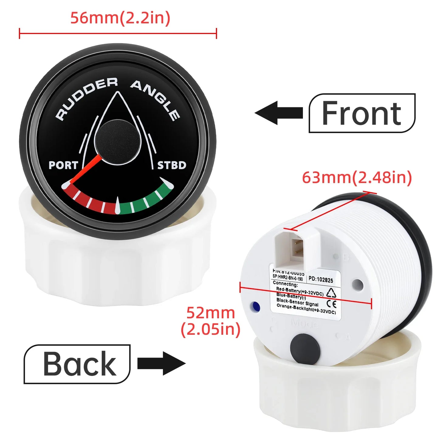 52MM Rudder Angle Indicator with 8 colors backlight Waterproof Rudder Position Gauge with Sensor 0-190ohm for Boat Yacht Marine