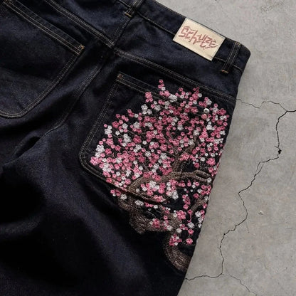 Y2K Baggy Jeans Cherry Blossom Embroidery Denim Pants Men Women American Hiphop Streetwear Wide Leg Denim Trousers