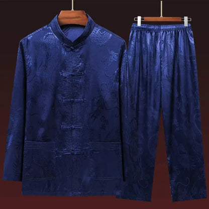 Men's Long Sleeve Ice Silk Tai Chi Suit Traditional Chinese Hanfu Vintage Style Tang Costume Elderly Fashion Dad's Clothing