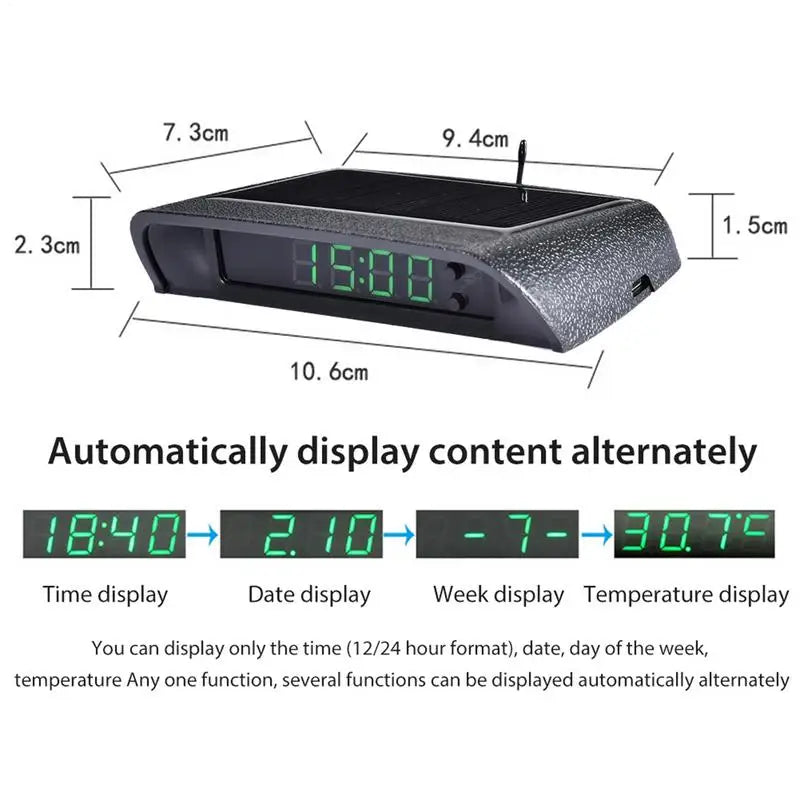 Solar Clock for Car Luminous Car Digital Clocks Vehicle Adhesive Clock Watch for Automobile Vehicles Car Interior Decoration