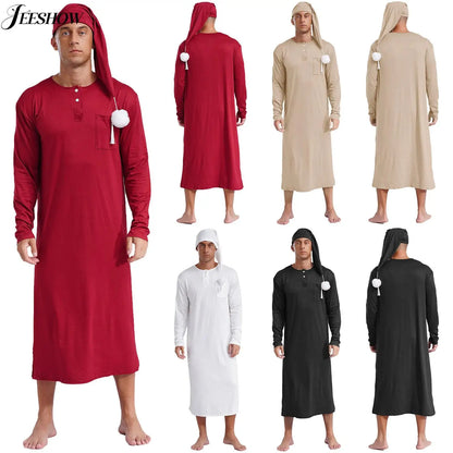 Mens Solid Color Long Sleeve Sleep Robe with Night Cap Round Neck Big & Tall Nightshirts Home Loungewear Pajamas Sleepwear