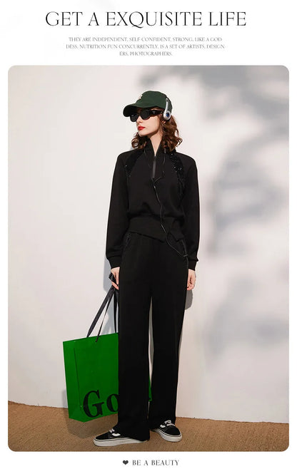 LOUIS YAO Women Two Pieces Set 2024 Autumn Stand Collar Long Sleeve Long Pants Set Sweatshirt Sporty Fashion Set