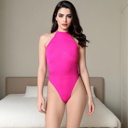 Fashion High Cut Thong Bodysuit Tops Women's Ice Silk Shiny Sheer See Through Tights Backless Elastic Sexy Shaper Wear Leotard