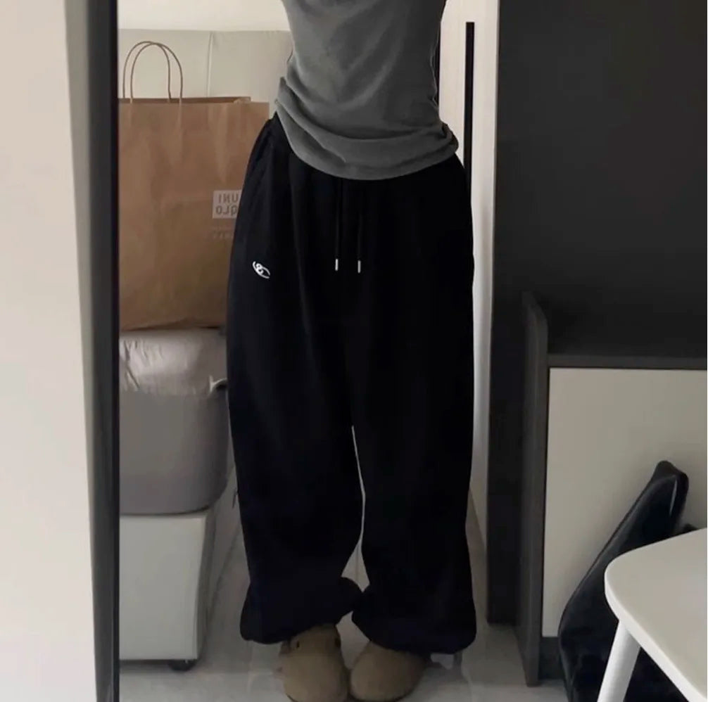 Thickened Fleece Loose Fit Sweatpants Youthful Vitality Style Pure Color Cuffed Casual Pants Spring Autumn Loose Trousers