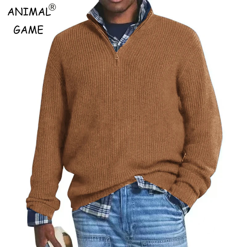 Men's Wool Blend Knit Sweater Casual Long Sleeve Zipper Collar Pullover Sweaters Winter Outdoor Warm Stripes Pullover Jumper