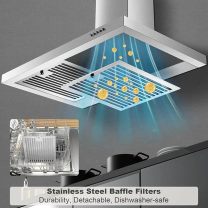 30 inch Wall Mount Range Hood, Ducted/Ductless Kitchen Hood, Stainless Steel, Baffle Filters, 3 Speed Fan, Push Button Control, LED Light