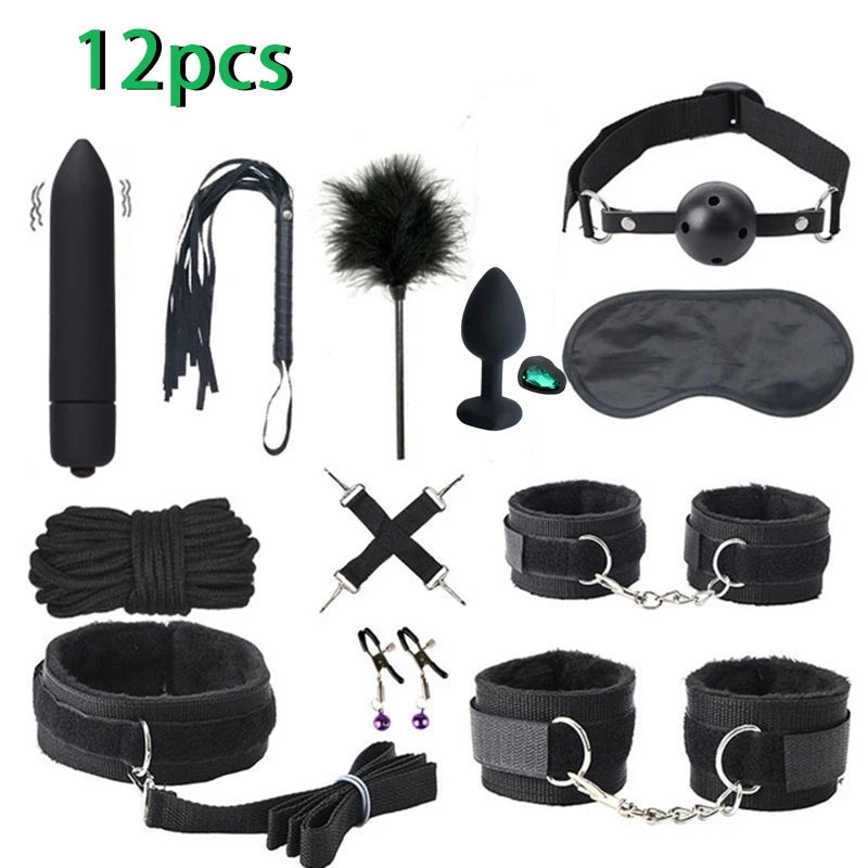 Erotic Sex Toys For Women Adults Games Nylon 16pcs Bondage BDSM Kits Handcuffs Sex Whip Mouth Gag Dildo Vibrator Anal Plug