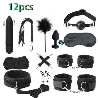 Erotic Sex Toys For Women Adults Games Nylon 16pcs Bondage BDSM Kits Handcuffs Sex Whip Mouth Gag Dildo Vibrator Anal Plug
