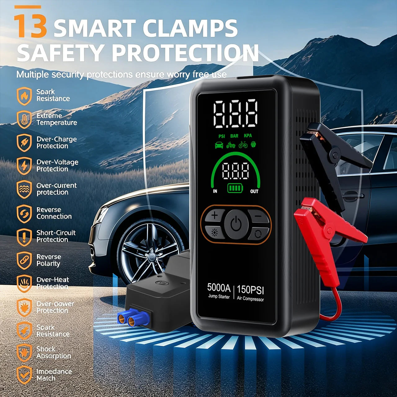 Jump Starter with Air Compressor, 150 PSI Car Air Compressor & 5000A Peak Car Jump Starter with LED Light, Power Bank Function.