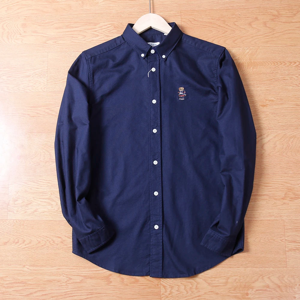 Spring Business Casual Long Sleeve Shirt Men's Cotton Oxford Cloth Embroidery Bear Pattern Inner Wear Trendy Brand Shirt
