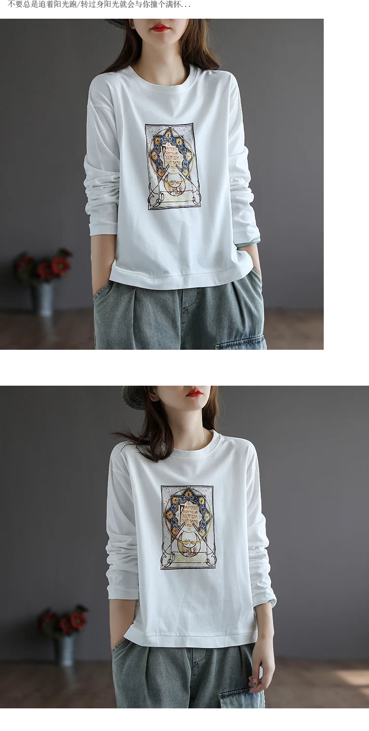 Retro Star Moon Pure Cotton Long Sleeve Pink Anti-Aging T-Shirt Women Loose Fashionable Spring Autumn Ladies Base Shirt Top