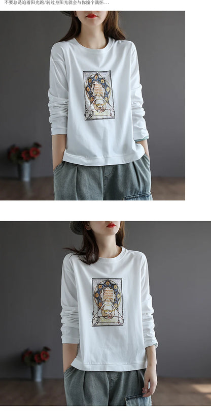 Retro Star Moon Pure Cotton Long Sleeve Pink Anti-Aging T-Shirt Women Loose Fashionable Spring Autumn Ladies Base Shirt Top