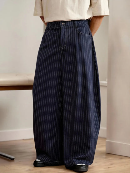 Men's Vertical Striped Barrel Leg Baggy Wide Leg Pants Stretch Polyester Elastane Oversized Casual Streetwear Long Trousers