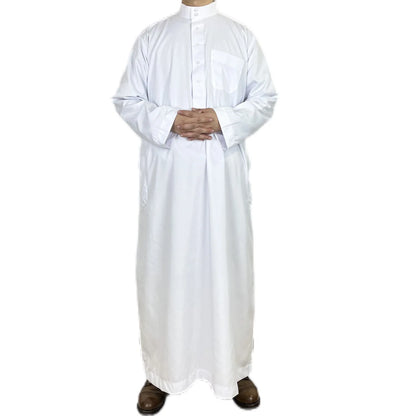 Qatar Stand Collar Mens Thobe Robe Polyester Pocket Design Arab Middle East Dubai Travel Clothing Lightweight Cultural Look
