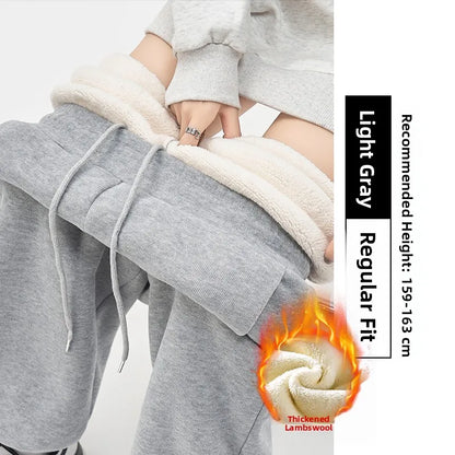 Gray Lamb Velvet Sport Pants Women's High Waist Drapey Fleece Wide Leg Casual Small Size Thickened Cotton Pants