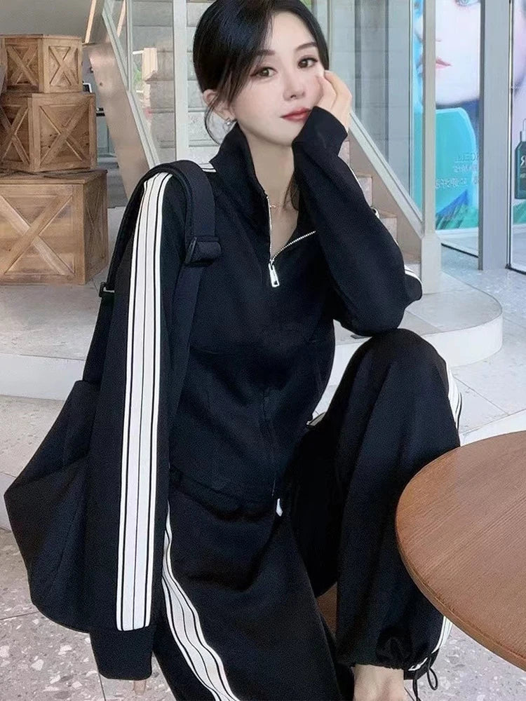 Fashionable Sportswear Set Women's Stand Collar Sweatshirt Slimming Two-Piece Suit Korean Style Commute High Waist Long Pants