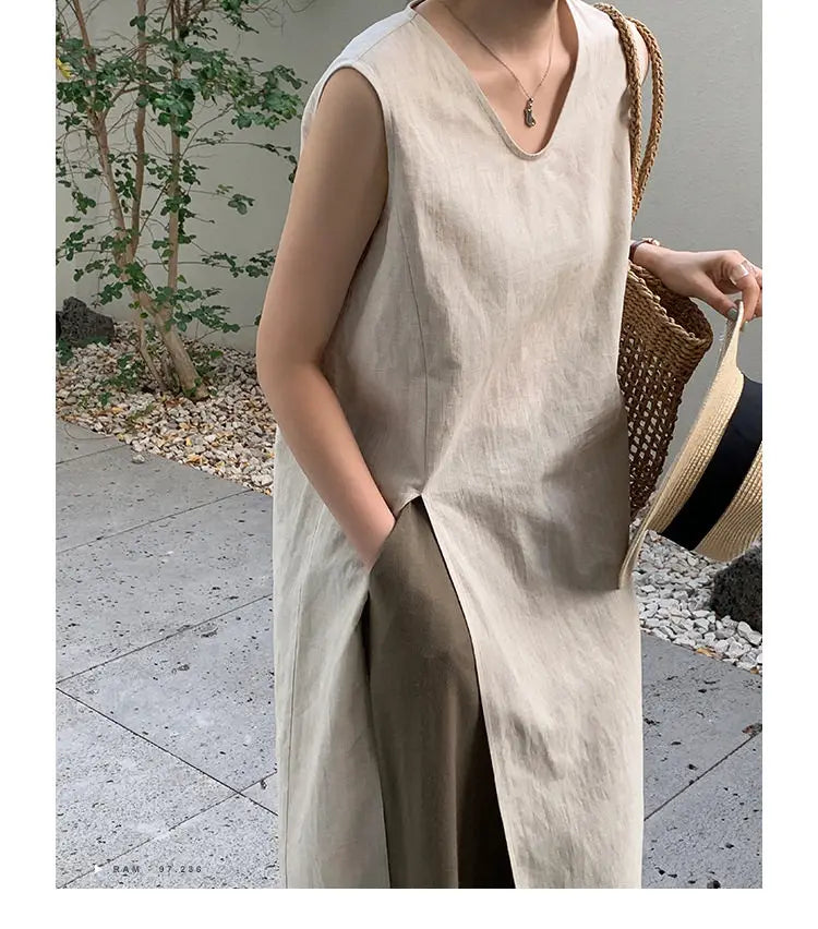 Simple Style Mid-Length V-Neck Women's Dress Knee-Covering Summer Cotton Linen A-Line Skirt Casual City Walk Dress
