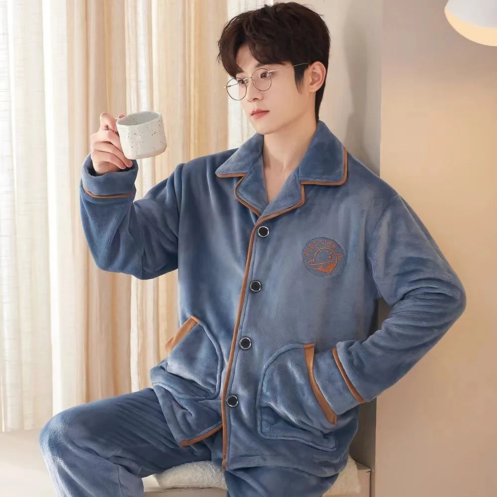 Men's Winter Sleepwear Coral Fleece Thickened Flannel Casual Long Sleeve Pajamas Large Size Home Clothes Chinese Style